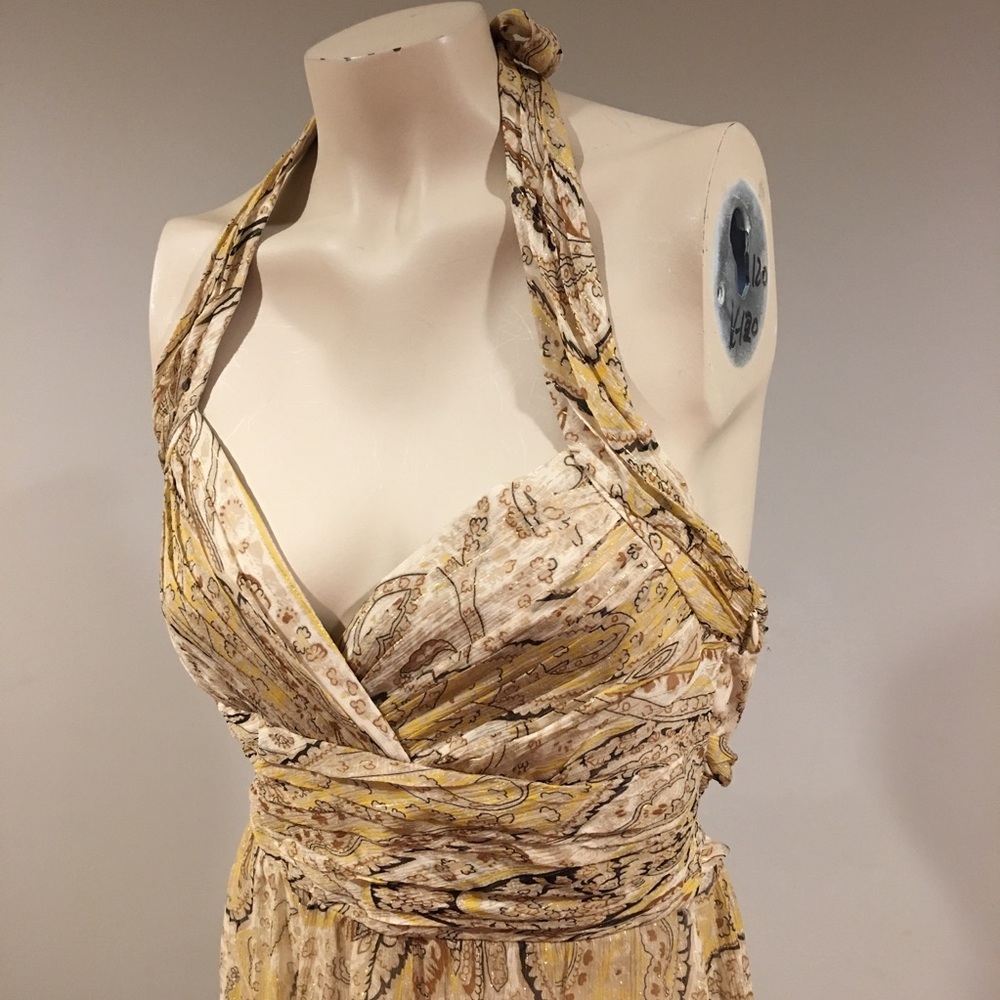 BCBGMAXAZRIA Paisley Halter Silk Dress Gold Size 8 - Picture 7 of 8